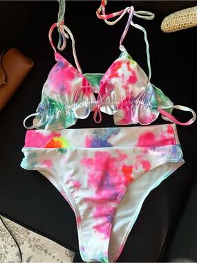 Tie-Dye Pink & Multi-Color Ruffle Bikini Set